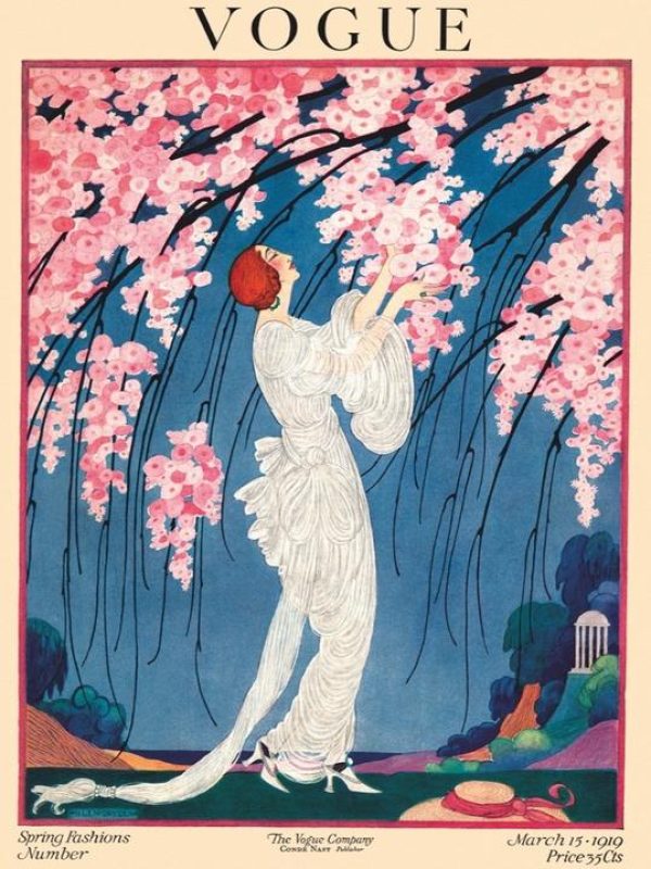 Illustration of woman in white dress admiring pink flowering trees for SPRING FASHIONS NUMBER *** Local Caption ***